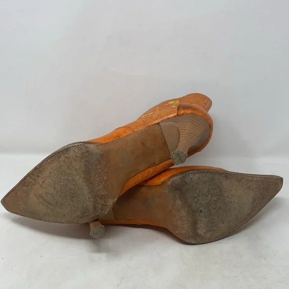 Lagarto Orange Yellow Embroidered Leather Point Toe Heeled Boots - Picture 8 of 12
